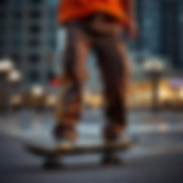 A skateboarder wearing Dickies mechanic work pants in an urban setting
