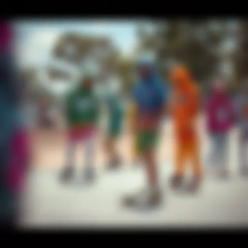 A vibrant skate park scene showcasing diverse skaters in unique drip outfits
