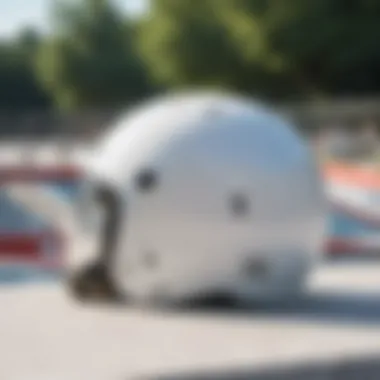 Sleek white snow helmet displayed against a vibrant skatepark background