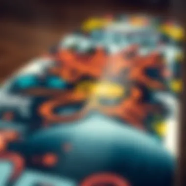 Unique Graphic Designs on Skateboard Decks Close-up view of a skateboard deck showcasing unique graphic designs