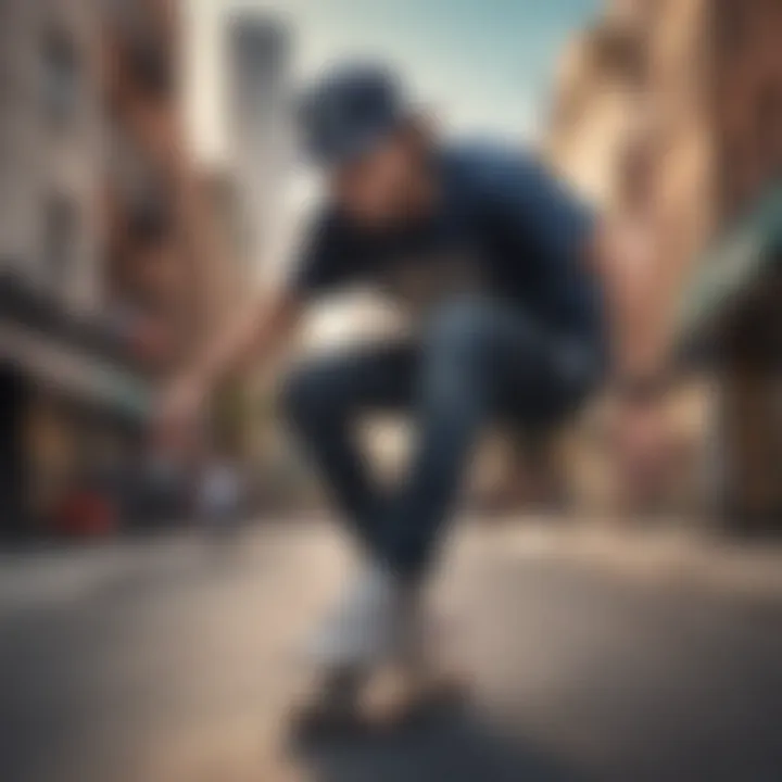 A skateboarder wearing a strapback hat while performing a trick on the street.