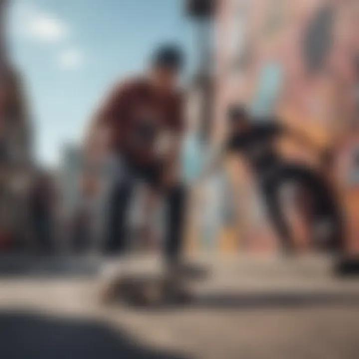 A vibrant street mural featuring skateboarders and strapback hats.