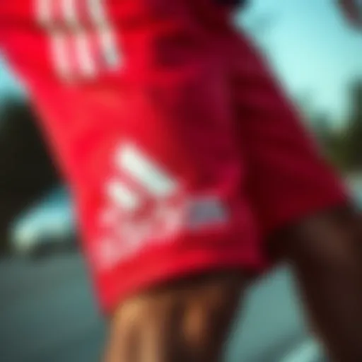 Close-up view of red and black Adidas shorts showcasing fabric texture and design details