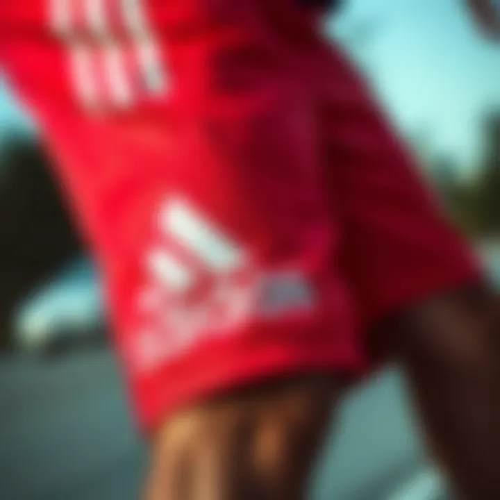 Close-up view of red and black Adidas shorts showcasing fabric texture and design details