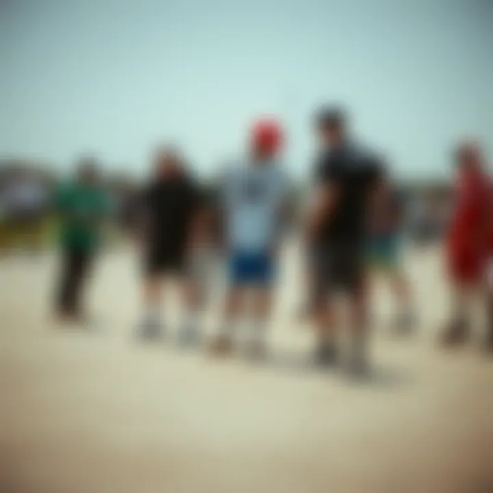 Group of skateboarders gathered, highlighting the community aspect and fashion choices