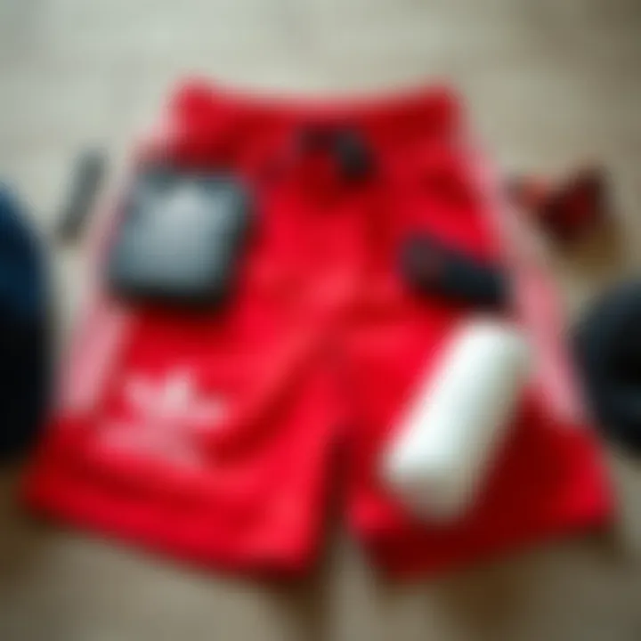 Flat lay of red and black Adidas shorts with complementary skateboarding accessories