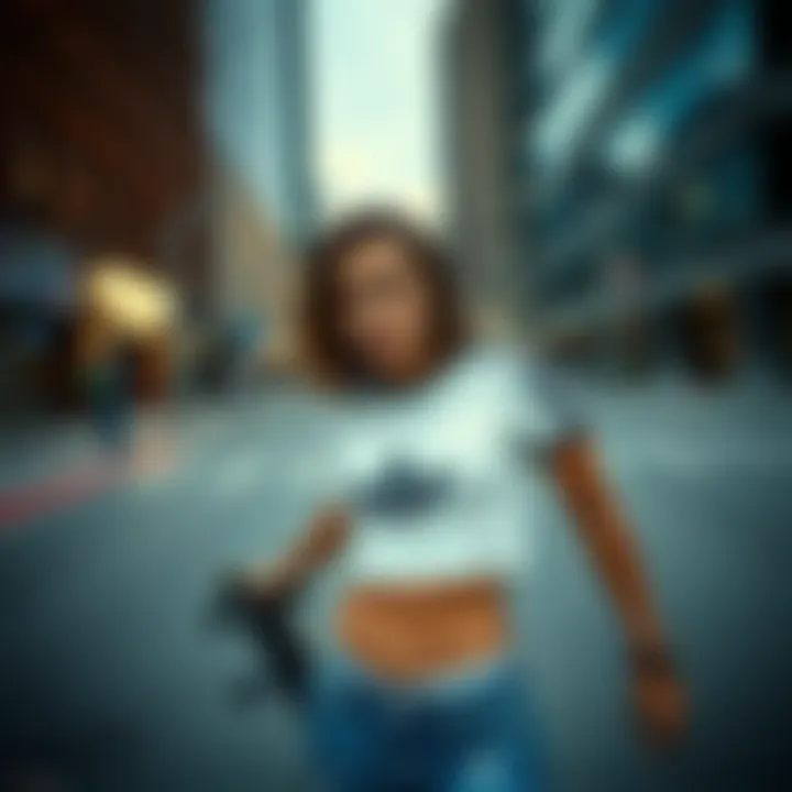 Skateboarder styling the crop top in an urban setting