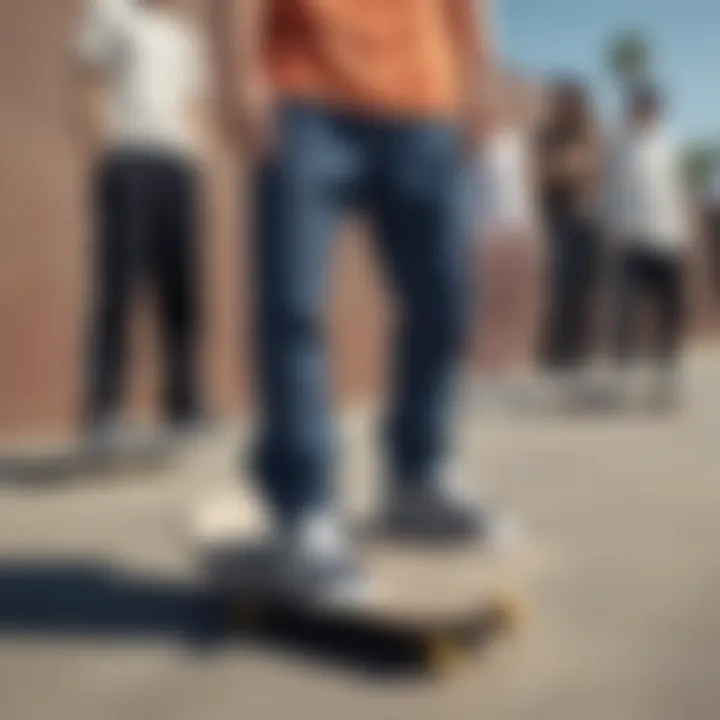 Group of skaters showcasing diverse styles with adidas button up pants