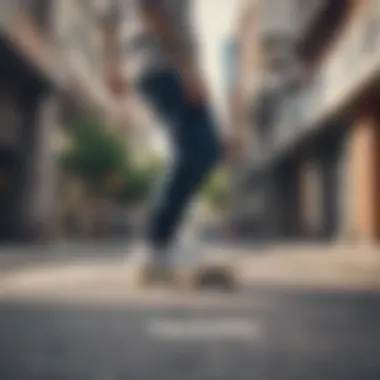 Skateboarder wearing adidas button up pants in urban setting