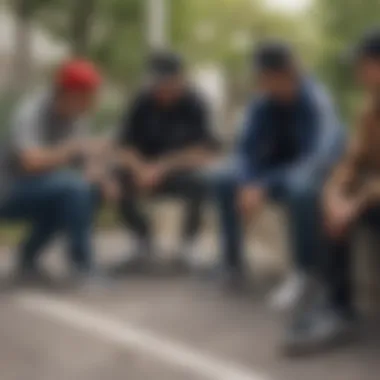 A group of skateboarders discussing footwear choices