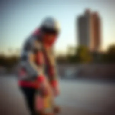 A skateboarder showcasing stylish gear at a skate park