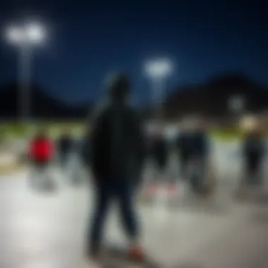 Skateboarders gathered at a skate park wearing tech fleece gear