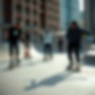 A group of skaters demonstrating tricks while wearing All-Star skate shoes in an urban skate park