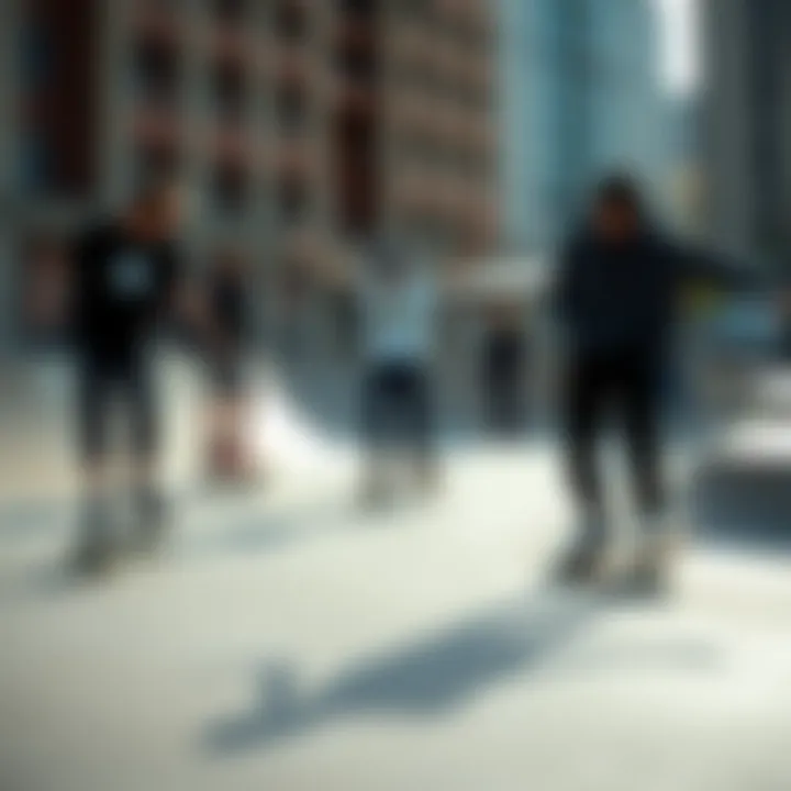 A group of skaters demonstrating tricks while wearing All-Star skate shoes in an urban skate park