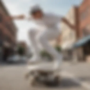 A skateboarder performing tricks while wearing all-white Etnies shoes in an urban setting.