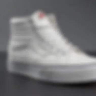 Close-up view of white high top platform Vans showcasing their unique design and texture