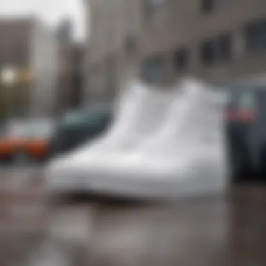 A collection of white high top platform Vans in different settings