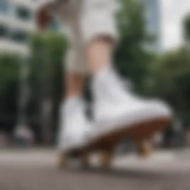 Skateboarder performing tricks while wearing white high top platform Vans