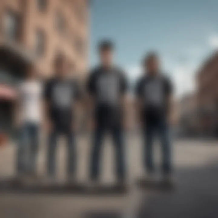 A group of skateboarders wearing Anti-Hero t-shirts in an urban setting