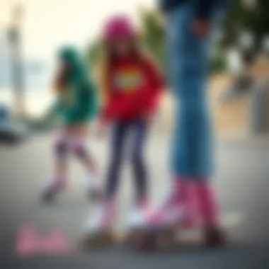 An engaging scene of skateboarders using Barbie-themed skates