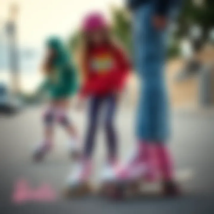 An engaging scene of skateboarders using Barbie-themed skates