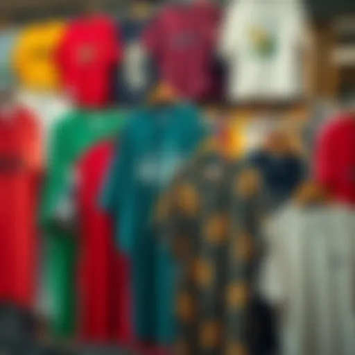 Display of an array of oversized t-shirts in various colors and patterns