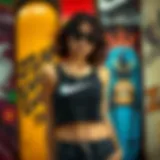 Stylish black Nike crop top featured against a vibrant skateboard backdrop