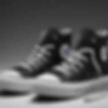 Close-up of the unique design features of black and white Converse