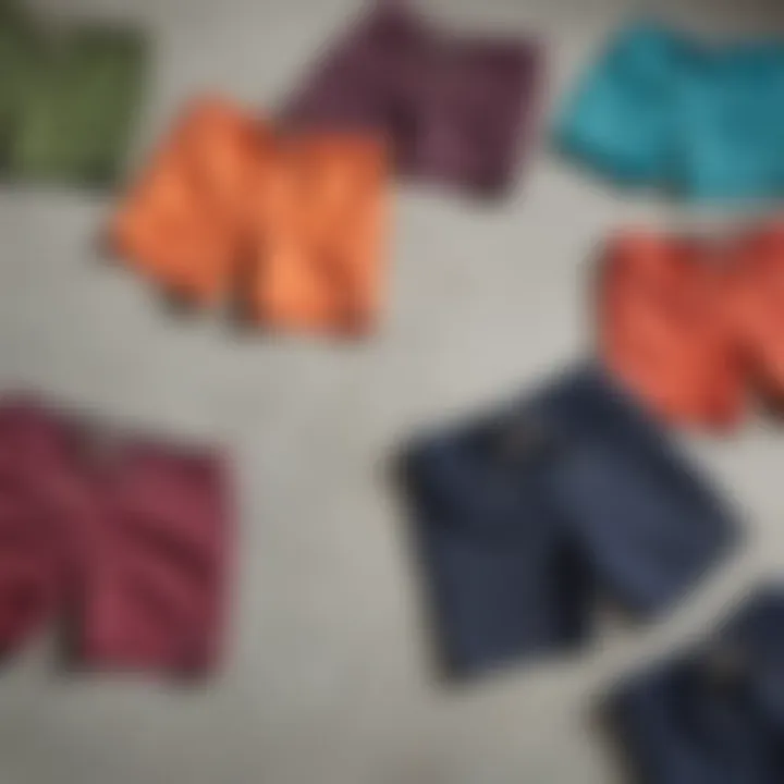 Various brands of board shorts with side pockets laid out for comparison