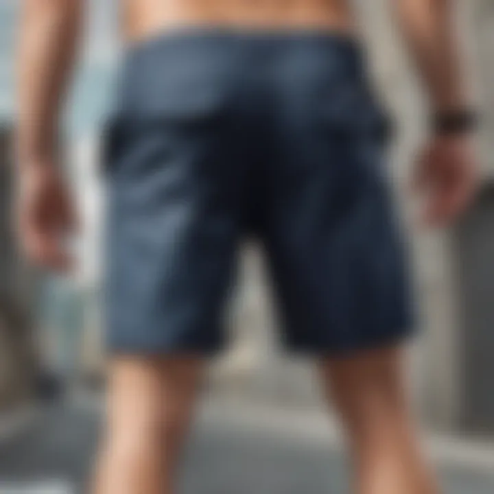 Skateboarder wearing board shorts with side pockets in action