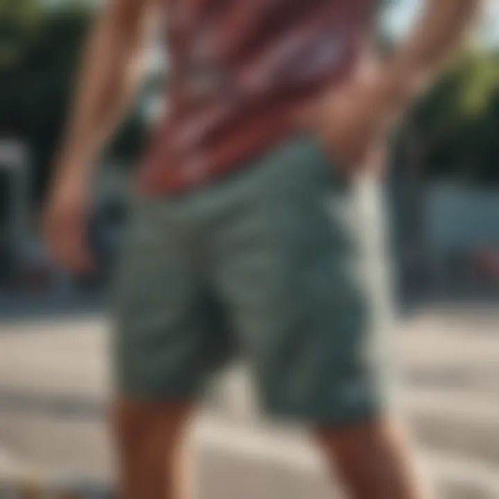 Stylish board shorts with side pockets displayed on a skateboard