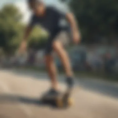 Skateboarder wearing board shorts during a trick