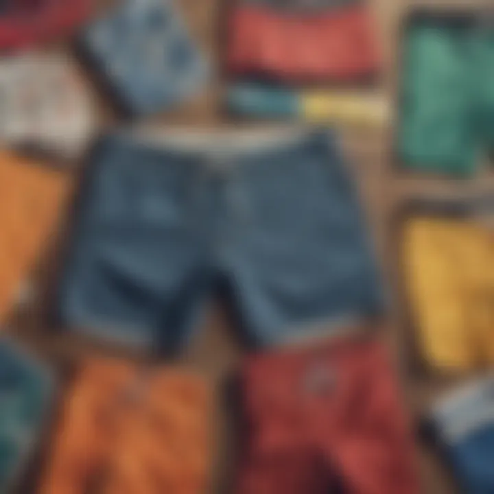 Different styles of board shorts laid out