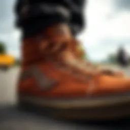 Detailed view of brown hightop Vans showcasing texture and design