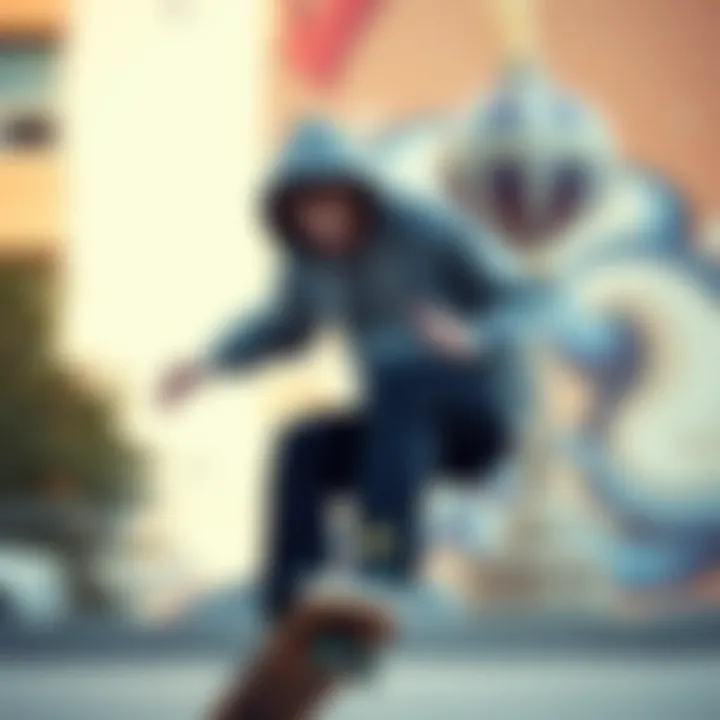 Skateboarder wearing a button up hoodie while skateboarding