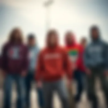 Group of skateboarders showcasing diverse styles with sweatshirts