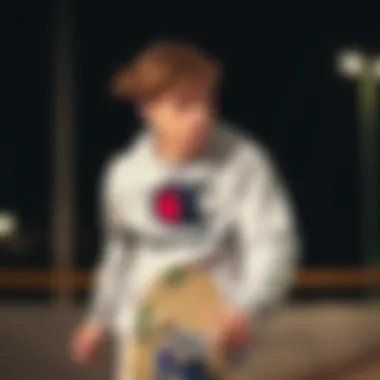 Skateboarder wearing Champion crewneck in action