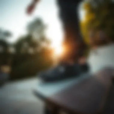 Skateboarder wearing all black Converse shoes in action