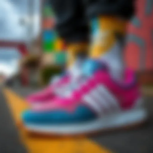 Vibrant Adidas sneakers on a colorful street