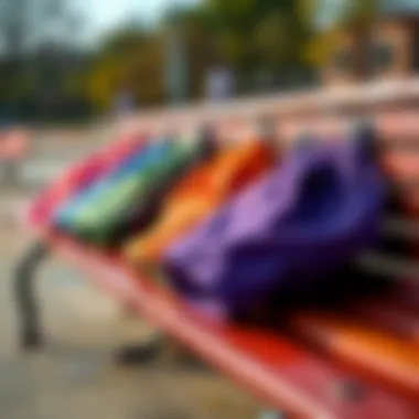 Vibrant collection of colorful shorts displayed on a skate park bench