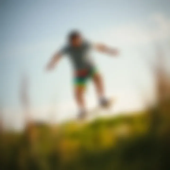 Skateboarder wearing stylish colorful shorts in action