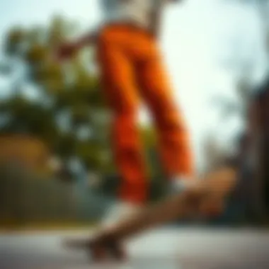Skateboarder wearing corduroy carpenter pants