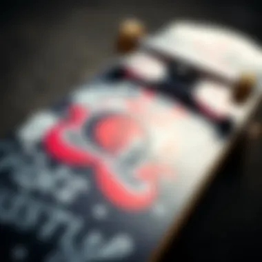 Close-up of a skateboard adorned with Crooks and Castles branding