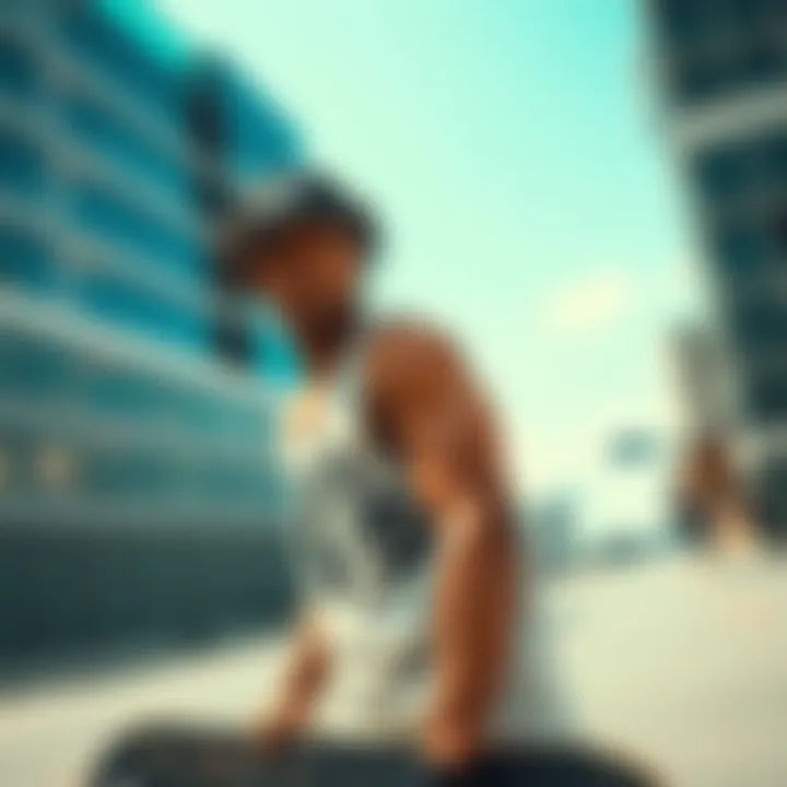 Skateboarding Style: A Statement Piece Skateboarder wearing a Vans tube top in an urban environment, exuding confidence