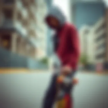 Skateboarder wearing a yin yang hoodie in an urban setting