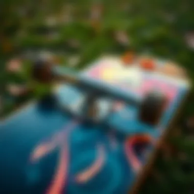 Art and Design of the Deathwish 8.25 Deck Close-up view of the Deathwish 8.25 skateboard deck showcasing its artwork and design features.