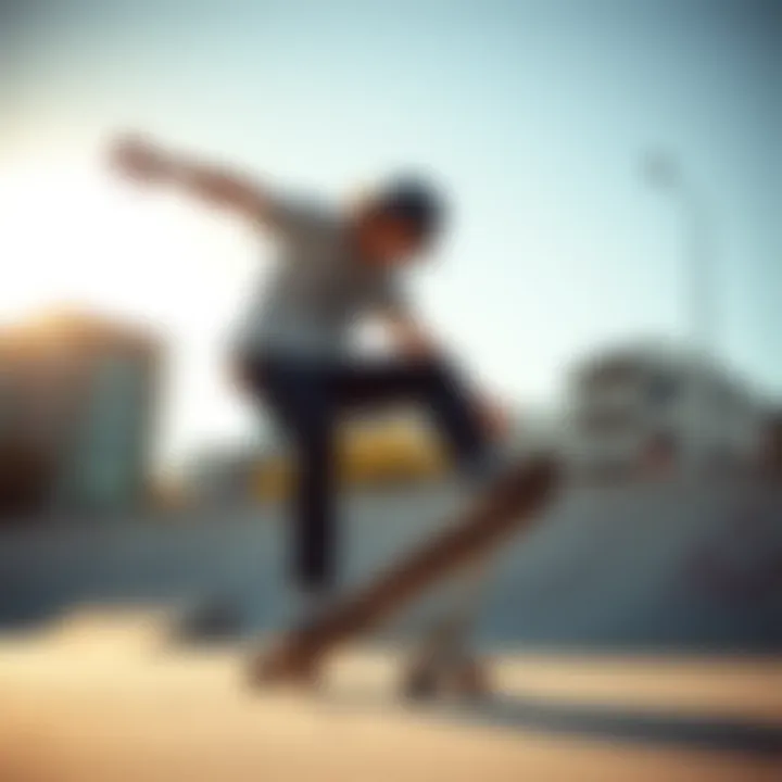 Skater in Action with the Deathwish 8.25 Skater performing tricks on a Deathwish 8.25 skateboard in an urban environment.