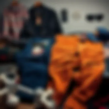 Stylish arrangement of Dickies corduroy carpenter pants displayed with accessories that reflect skate culture.