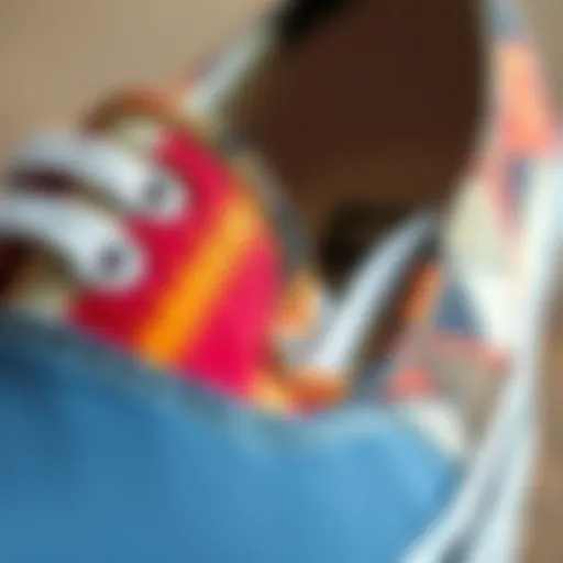 A close-up view of Vans slip-ons showcasing unique fabric and stitching details.