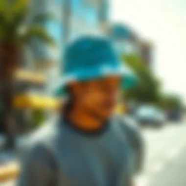 Skateboarder Sporting a Trendy Bucket Hat A skateboarder showcasing their unique style with a bucket hat on a sunny street.